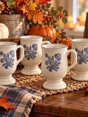 Pfaltzgraff Yorktowne Blue Floral Pedestal Coffee Mug Set of 4 Vintage Stoneware